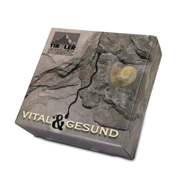 Verpackung von Tiroler Steinöl, gesundheitsfördernd.