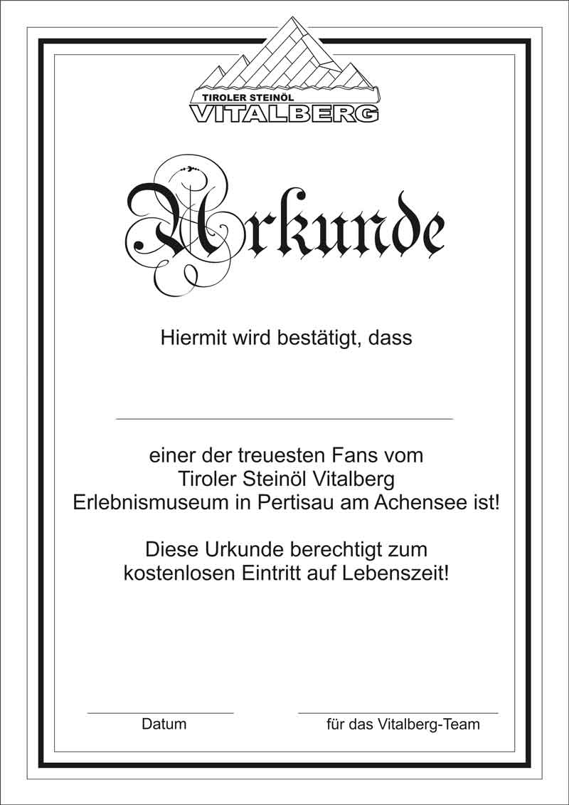 Urkunde Vitalberg Erlebnismuseum