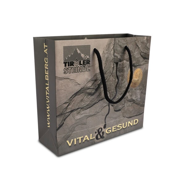 Einkaufsbeutel mit Tiroler Steinöl-Design.