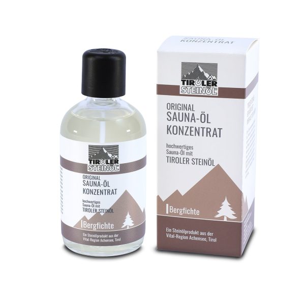 Tiroler Steinöl Sauna-Öl Konzentration Flasche und Verpackung